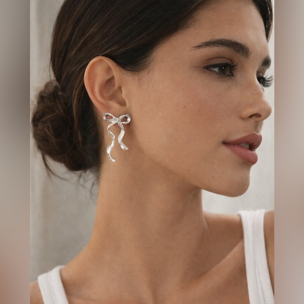 Silver Bow Drop Earrings – Coquette Balletcore Chic – One Size